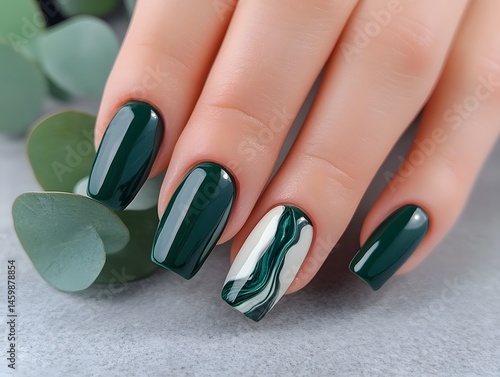 Elegant Green and White Marble Nail Art Design