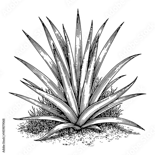 Agave Plant on Ground Black and White Outline Line Art Drawing Engraving Illustration Style