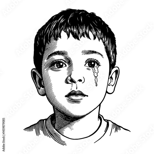 Sad Arabian Boy with Flat Face and Tears Black and White Outline Line Art Hand Drawing Illustration
