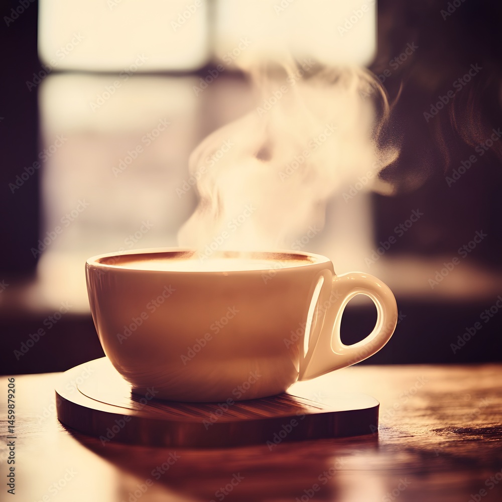 Fototapeta premium Steaming Hot Coffee Cup on Wooden Coaster Cozy Morning Beverage