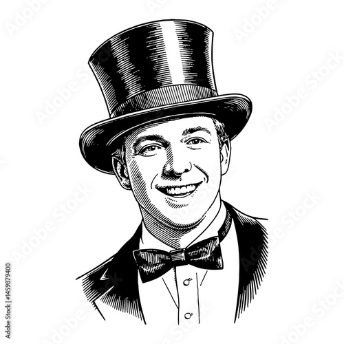 Handsome Smiling Young Man in Top Hat and Bowtie in Black and White Outline Line Art Drawing