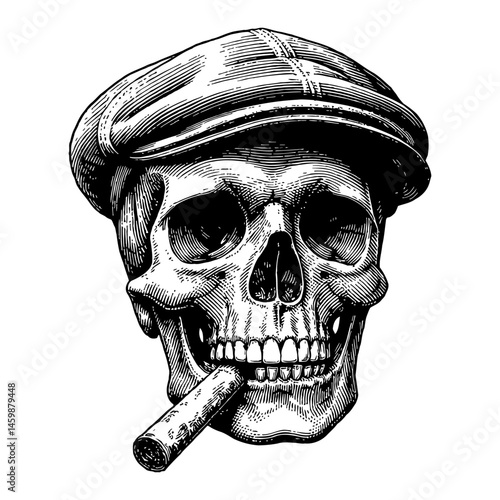 Skull Wearing Flat Cap and Smoking Cigar Black and White Outline Line Art Hand Drawing