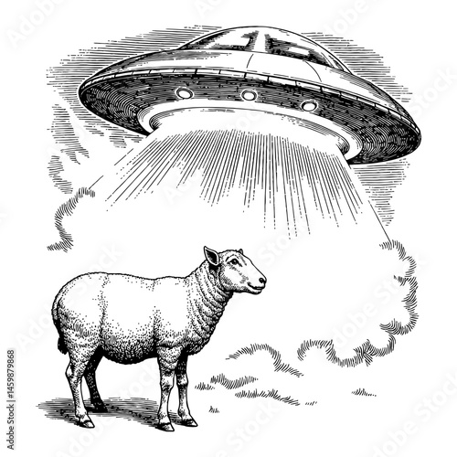 Sheep Abduction by UFO Flying Saucer with Rays of Light Black and White Outline Line Art Drawing