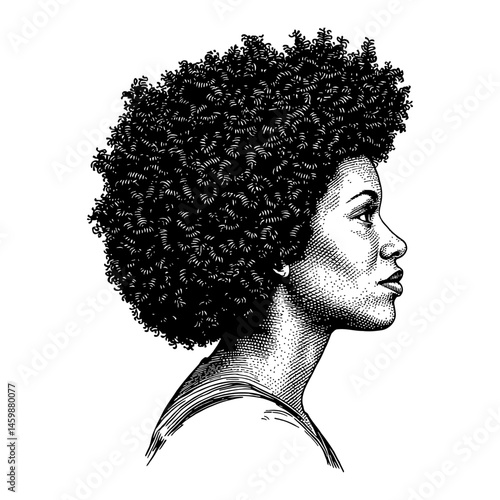 Curly African Woman Side View Black and White Outline Line Art Drawing of Afro Hairstyle