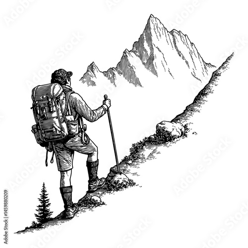 Hiker Climbing Mountain with Backpack and Trekking Pole Silhouette Black and White Outline Line Art Drawing