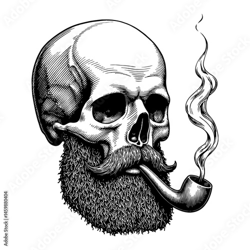 Skull with Beard Smoking Pipe Mouth Detailed Black and White Outline Line Art Drawing