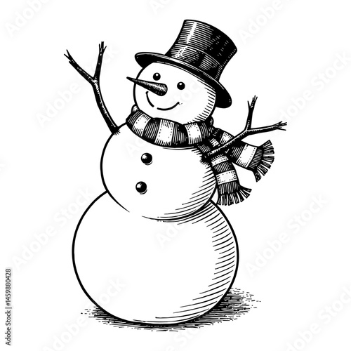 Smiling Snowman with Hat and Scarf in Black and White Outline Line Art Drawing Illustration