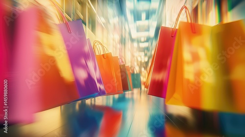 Lots of colorful bright shopping bags in the store.