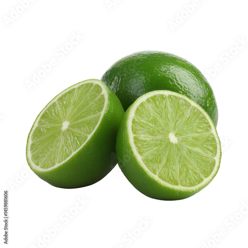 Fresh green limes with one cut in half, revealing juicy segments, are displayed on transparency background. vibrant color and texture highlight their freshness