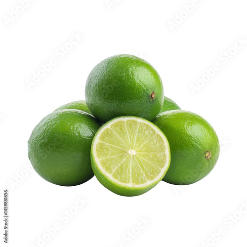 Fresh green limes stacked with one cut in half, showcasing juicy texture and vibrant color, perfect for culinary use or refreshing drinks
