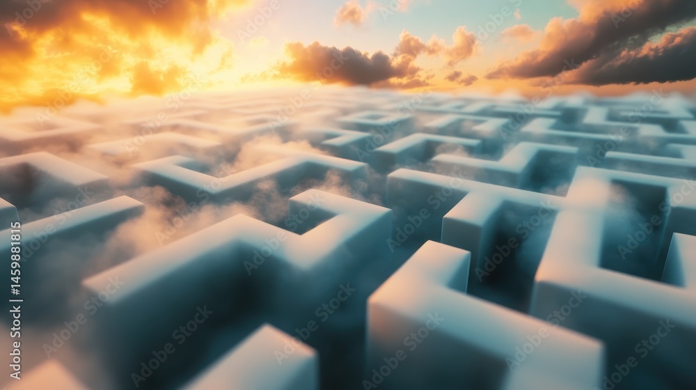 Fototapeta premium Aerial view of a labyrinth filled with fog under a dramatic sky at sunset. The maze symbolizes challenge, complexity, and the search for solutions in a surreal landscape.
