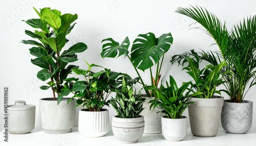 Lush Green Houseplants in Grey Pots Vibrant Indoor Foliage Collection Home Decor Botany