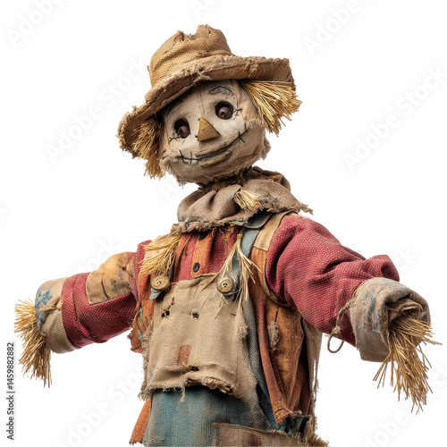 Charming scarecrow stands in a sunny field. transparent background