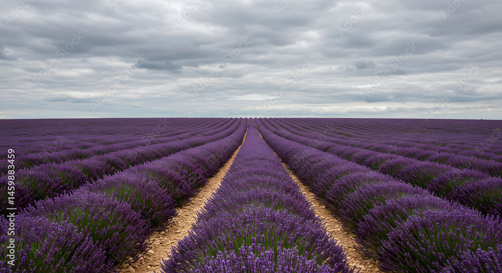 Fototapeta premium Rows of Lavender in a Purple Field Under a Cloudy Sky