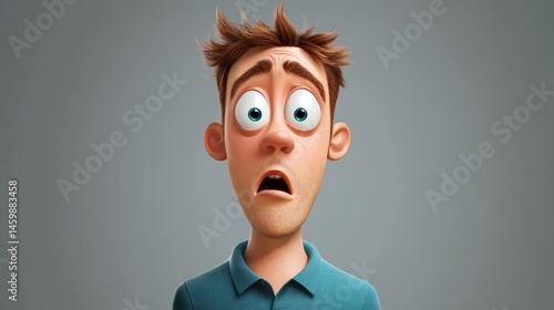emotion, facial expressions and people concept - surprised man in polo shirt over gray background (funny cartoon style character with big head) illustration , no logos, no brands