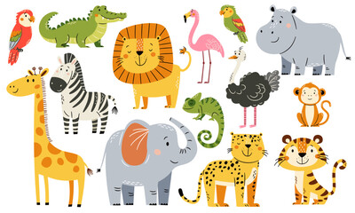 Foto auf Acrylglas Zoo A set of flat vector illustrations in a simple children's style. Animals of safari and africa. Cute elephant giraffe tiger leopard lion parrot ostrich flamingo crocodile chameleon zebra monkey on  © Alena