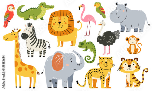 A set of flat vector illustrations in a simple children's style. Animals of safari and africa. Cute elephant giraffe tiger leopard lion parrot ostrich flamingo crocodile chameleon zebra monkey on