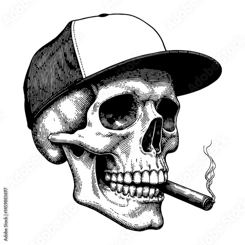 Skull Wearing Snapback and Smoking Cigar Black and White Outline Line Art Drawing