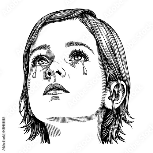 Flat Face Arabian Girl with Tears Upward Gaze in Black and White Outline Line Art Drawing