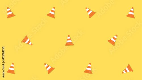 Construction-themed background. Multiple orange and white traffic cones scattered on a yellow background.