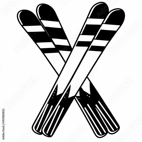 Crossed skis in black and white style for winter sports and skiing equipment concepts