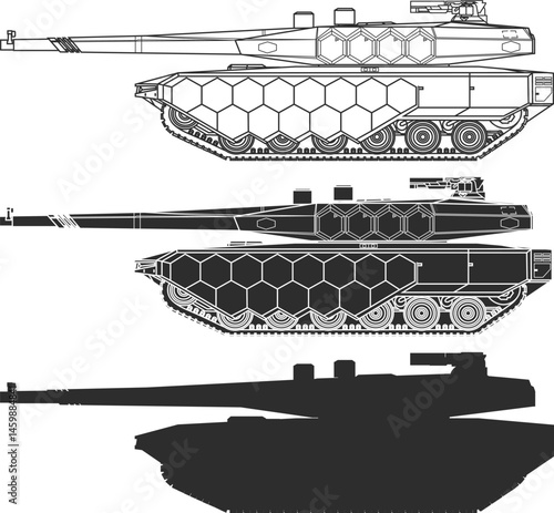 Set of icons of a modern battle tank, the Black Panther or K3, a Korean tank icon in black.