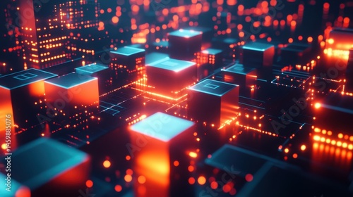 Abstract technology background featuring glowing cubes and circuit patterns, suggestive of futuristic computing, data networks, and advanced technological infrastructure.