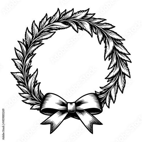 Wreath with Ribbon Decorative Frame Black and White Outline Line Art Drawing Vector Graphic