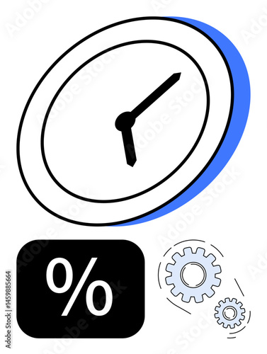 Wall clock with bold hands, percentage sign, and mechanical gears conveying time tracking, productivity, and optimization. Ideal for deadlines, savings, scheduling, efficiency planning analysis