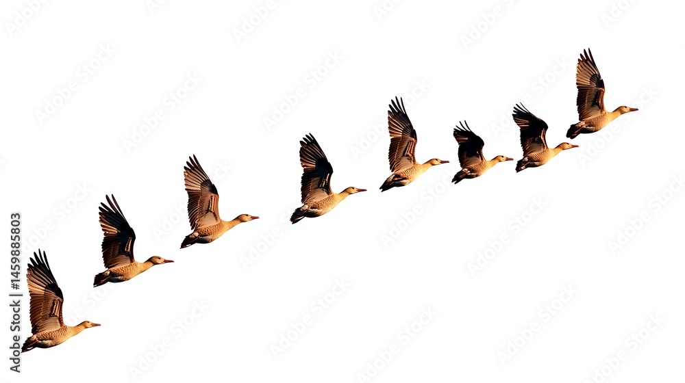 Fototapeta premium A line of ducks flying in formation against a white background sky