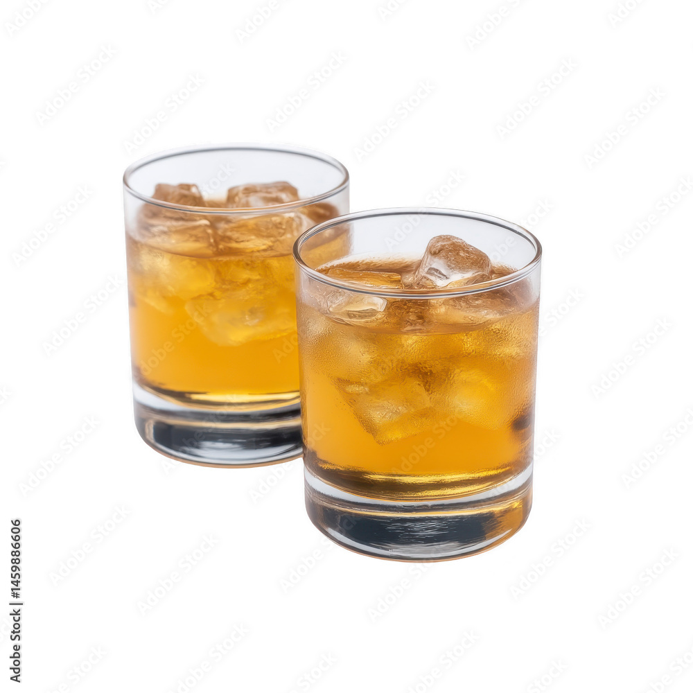Two glasses of whiskey with ice cubes create refreshing and inviting scene, perfect for social gathering or relaxing evening. amber liquid contrasts beautifully with clear glass Two glasses of whiskey with ice cubes create refreshing and inviting scene, perfect for social gathering or relaxing evening. amber liquid contrasts beautifully with clear glass