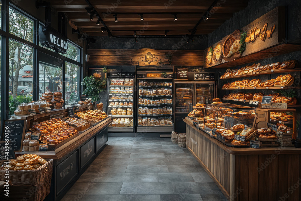 Cozy artisan bakery with fresh pastries and bread displayed in rustic wooden interior Cozy artisan bakery with fresh pastries and bread displayed in rustic wooden interior