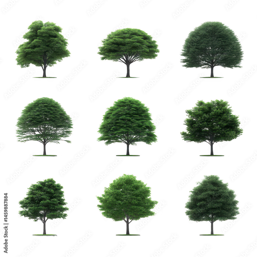 Collection of nine lush green trees, each with distinct shape and dense foliage, displayed against plain background. trees vary in size and form, showcasing nature diversity Collection of nine lush green trees, each with distinct shape and dense foliage, displayed against plain background. trees vary in size and form, showcasing nature diversity
