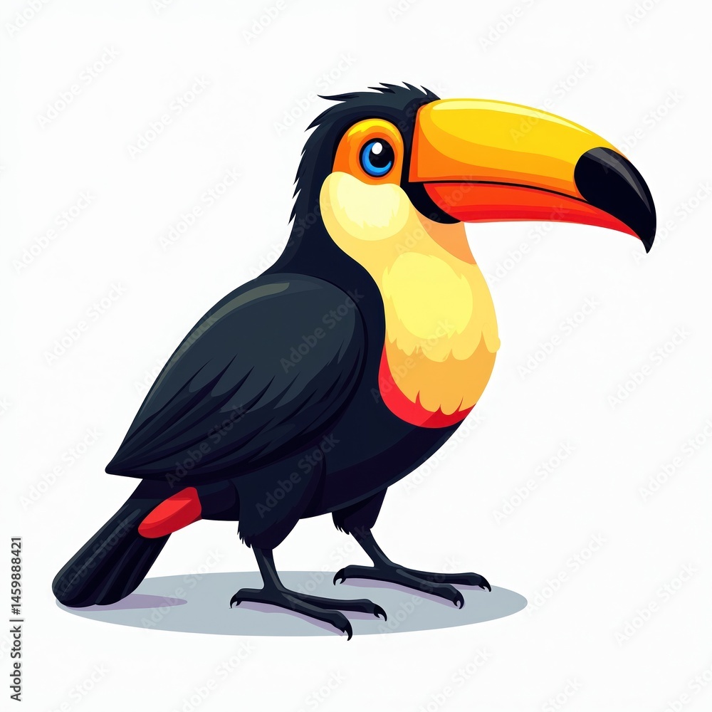 Obraz premium Colorful Tucan bird cartoon visual illustration. Isolated design features vibrant plumage, large beak. Tropical wildlife, perfect for design, print. Smiling avian character on white background.