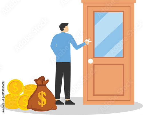 Opportunity or money knock on the door, new business chance or job and career offer, investment return or dividend concept, rich businessman holding money banknotes knocking on the door. stock illustr