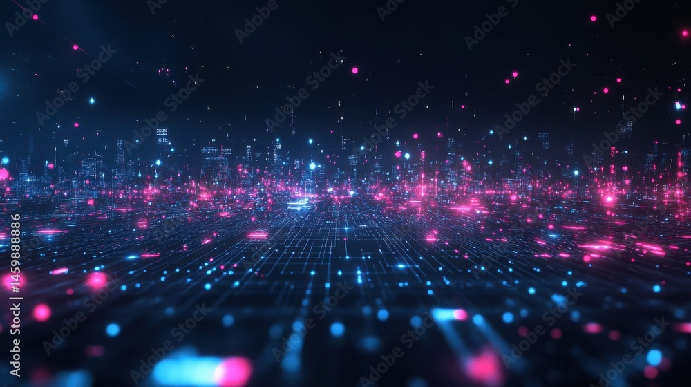 Fototapeta premium Abstract digital landscape with glowing particles and grid lines, representing futuristic technology, cyberspace, and virtual reality concepts in pink and blue hues.