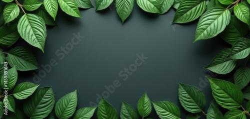 Frame arrangement of fresh green leaves with detailed texture against dark backdrop. Flat lay view, nature concept, with copy space. Leaves arranged as creative natural background. Freshness, natural