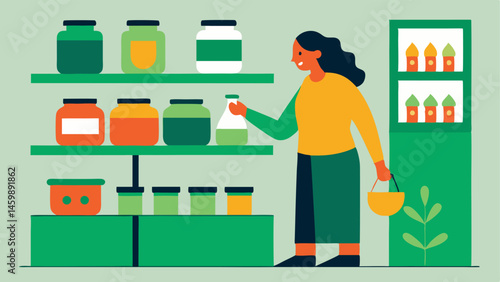 Sustainable Home Goods An illustration of a shopper browsing through an aisle of sustainable home goods like glass food storage jars and metal straws.
