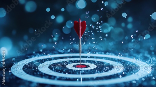 Red dart hitting bullseye on wet target success concept
