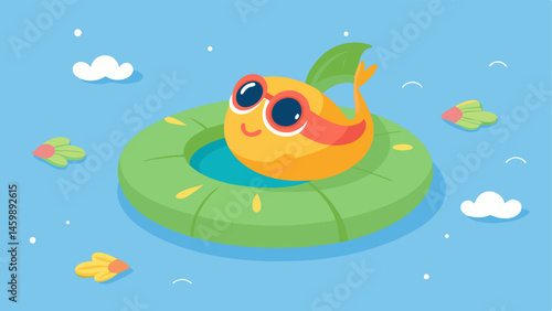 Sunny Day Vibes A playful fish with a cheeky grin and colorful sunglasses swims leisurely in a serene pond filled with lily pads. It rests on a mini inflatable donutshaped raft