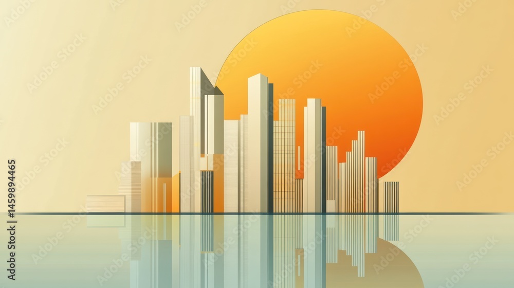 Fototapeta premium Sunset Cityscape: Minimalist Urban Skyline Reflected in Calm Waters