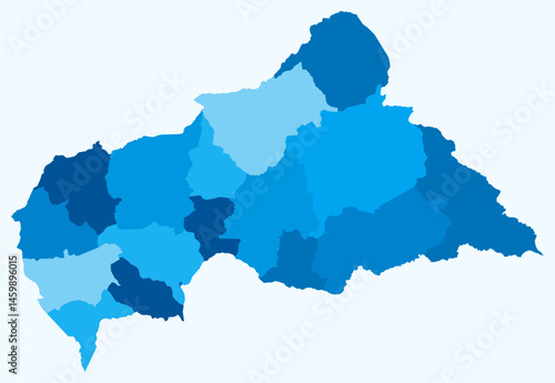 Map of Central African Republic with regions. Just a simple country border map with region division. Light blue color palette. Flat Central African Republic shape with administrative division.