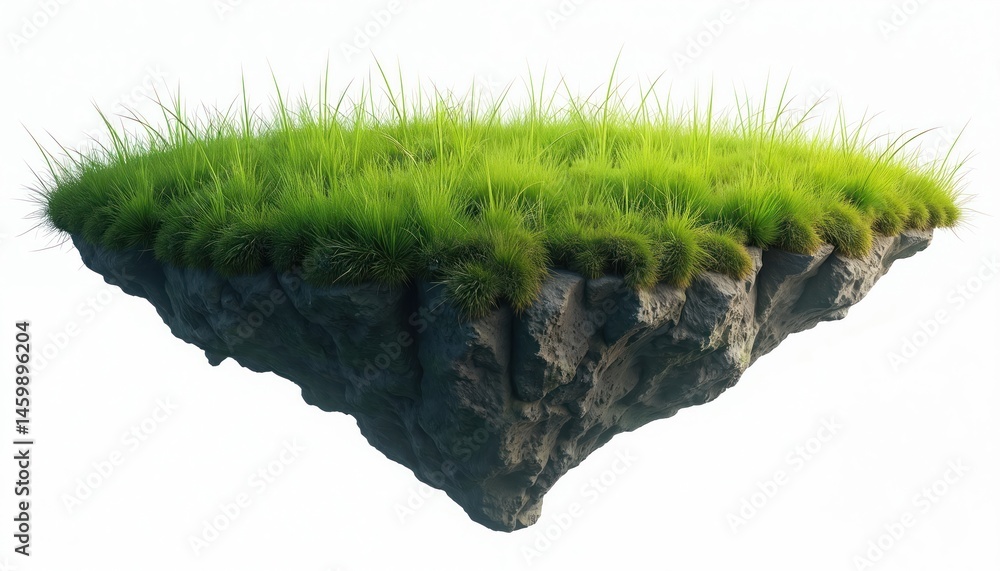 Naklejka premium Illustration depicts floating island with rich green grass and rocky base isolated on white background. Island features fresh green grass on top. Rocks make up base, perfect for design, nature topics.