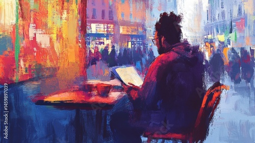 Colorful urban cafe scene with person reading.