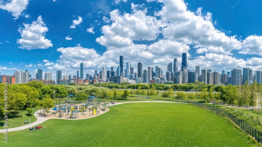 City skyline viewed from a lush park with playground. City skyline viewed from a lush park with playground.