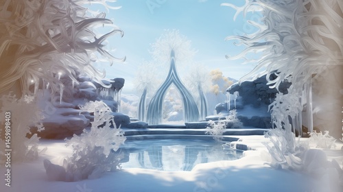  A winter landscape where every snowflake is uniquely designed by artificial intelligence, and the trees and ice formations are perfectly sculpted with no natural randomness.