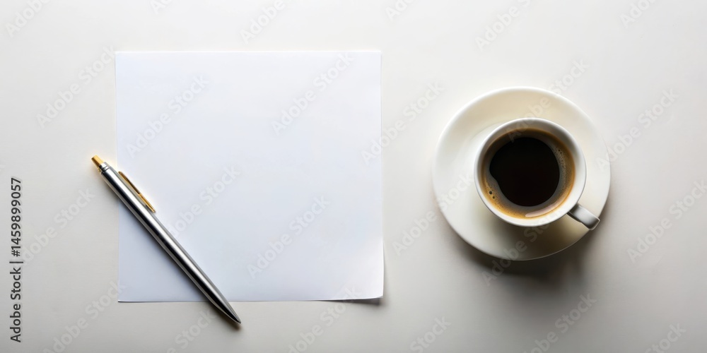 A simple workspace featuring a blank sheet of paper, a metallic pen, and a cup of coffee on a saucer. A simple workspace featuring a blank sheet of paper, a metallic pen, and a cup of coffee on a saucer.