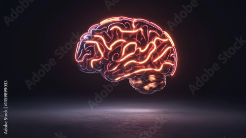 A surreal artistic interpretation of a floating brain with pulsating neon pathways representing mental well being deep shadows studio