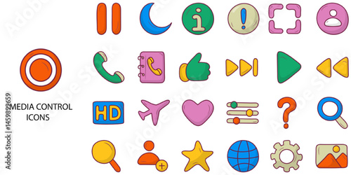 Media Control simple concept 24 hand drawn color icons set. Contains such mass media, technology, social, control .Vector illustration.