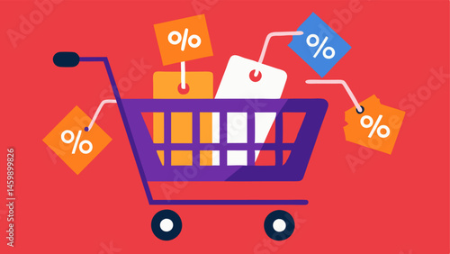 Shopping Cart A digital shopping cart overflowing with discounted gadgets with price tags hanging from each item highlighting their markdowns.